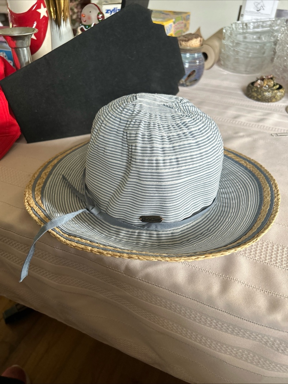 Sun N’ Sand Striped Light Blue Women's Sun Hat with Natural Trim UPF 50+